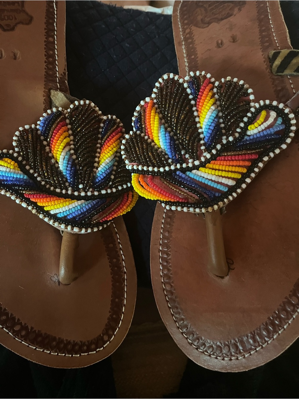 Beaded Brown Leather Thong Sandals with Multicolor Seed Bead Detail